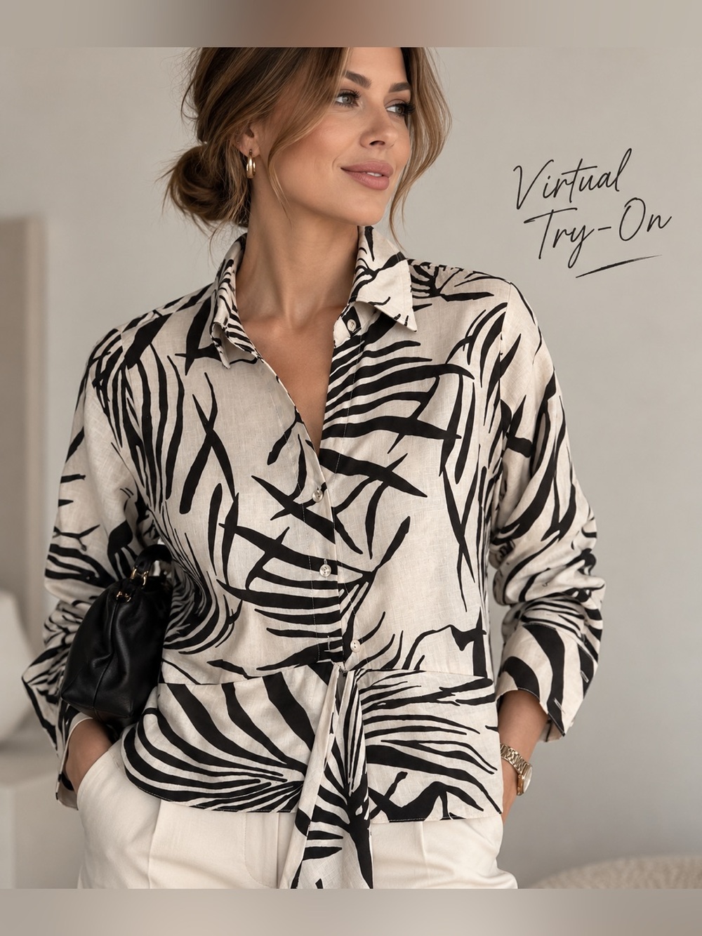 Rachel Zoe Linen Rayon Tie Front Shirt Black White Tropical Print Size L